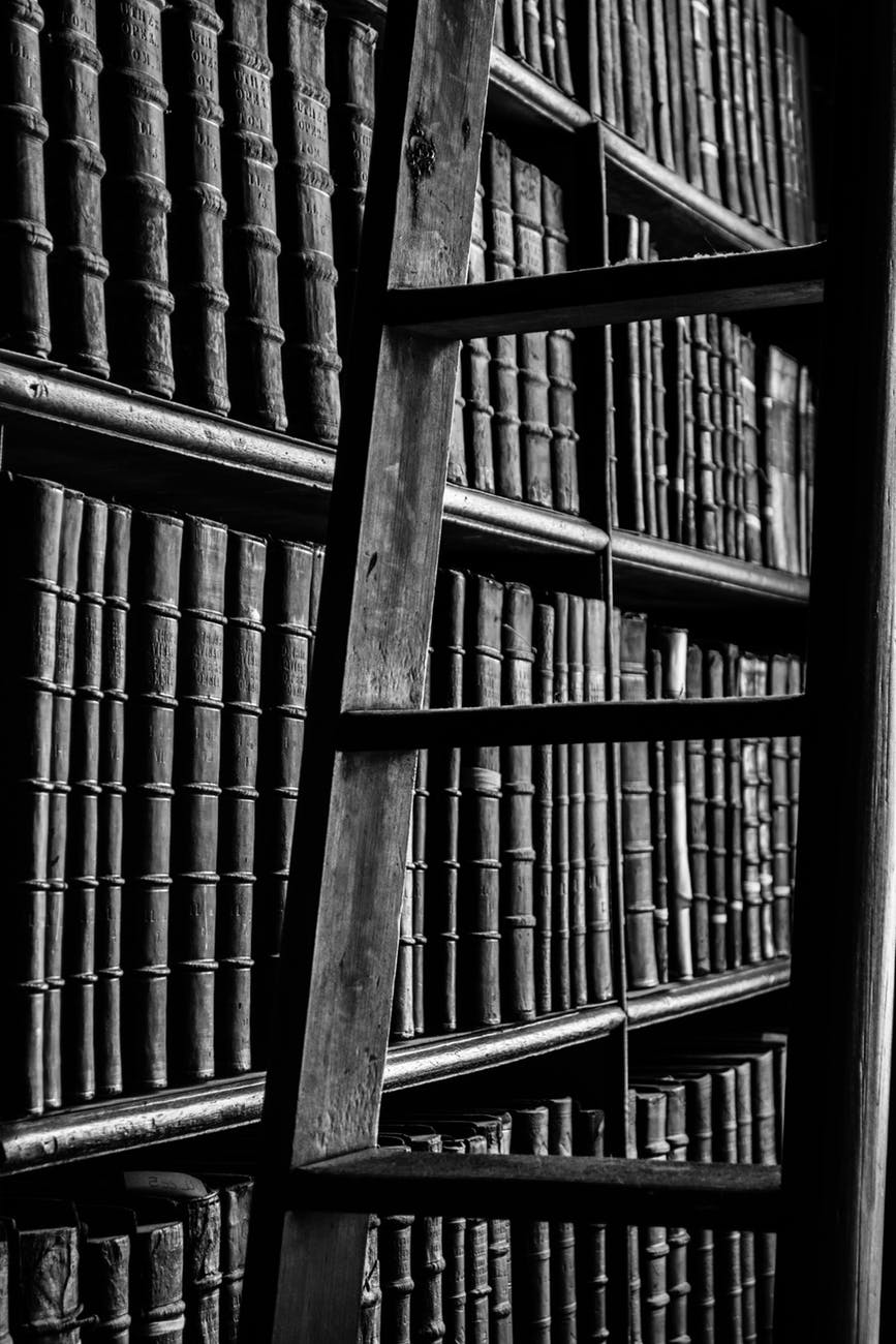 grayscale photography of ladder near bookshelf